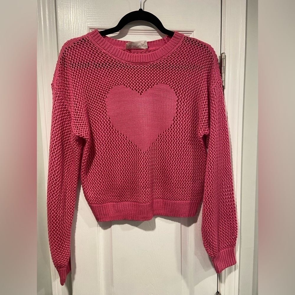 NWT No Boundaries Size M Pink Mesh Long Sleeve Crew Neck Pullover Heart Sweater